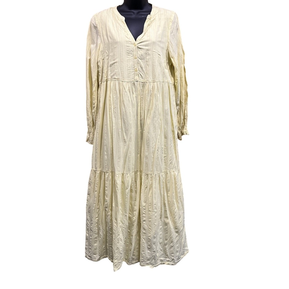 ABLE Maxi Dress Womens Sz M Butter Yellow Tiered Long Sleeve Henley Cotton Flowy